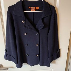 Tory Burch Navy Double-Breasted Knit Swing Sweater Jacket